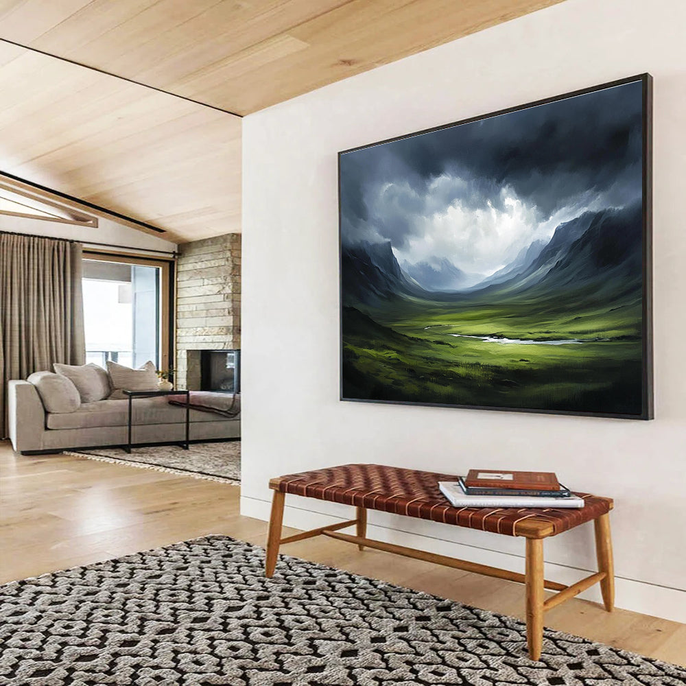 Dark Valley with Stormy Sky Abstract Painting with Dramatic Nature ABS604