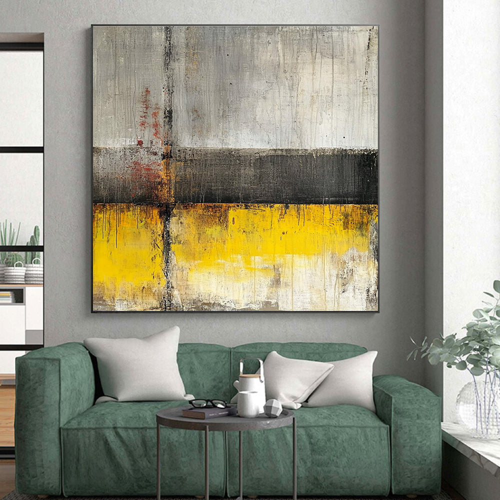 Gray - Yellow Abstract Cross Painting with Industrial Charm WINK422