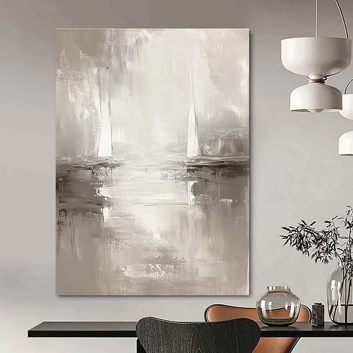 Monochrome Sailboat Abstract Painting for Serene Study Nooks GAB0822
