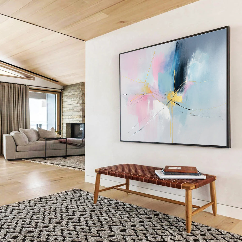 Pink, Blue, and Gold Abstract Painting with Dynamic Thread - like Forms ABS441