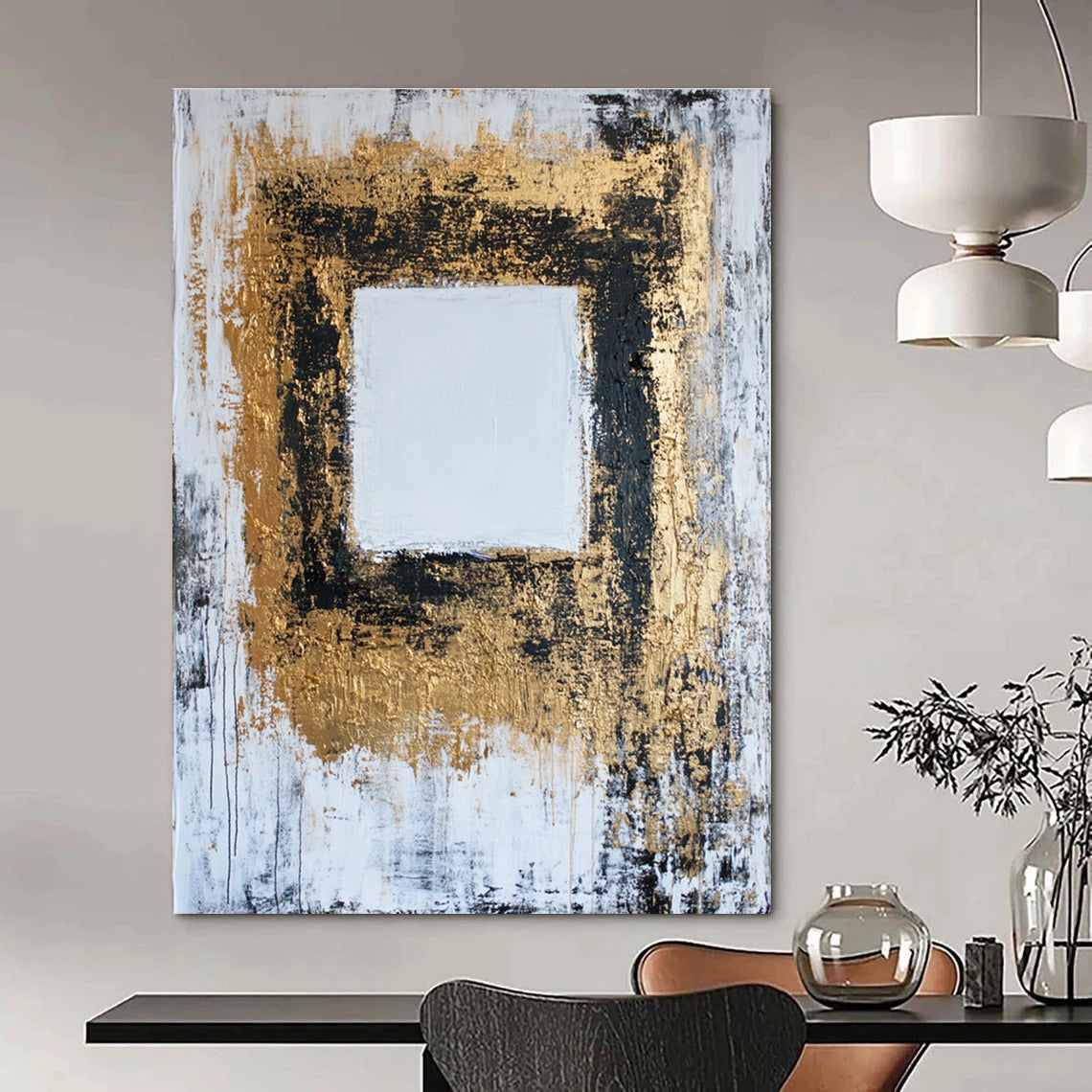 Gold - Framed Square Abstract Painting for Luxurious Living Rooms GAB0850