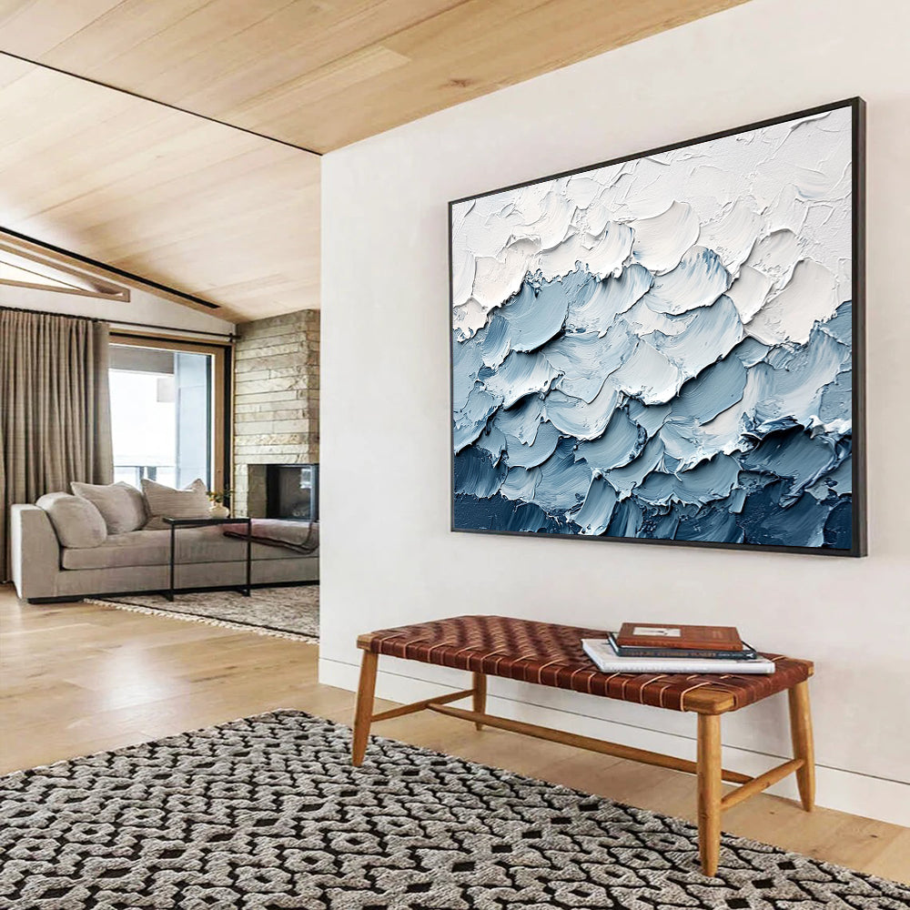 Textured Blue and White Waves with Thick Impasto Abstract Painting ABS364