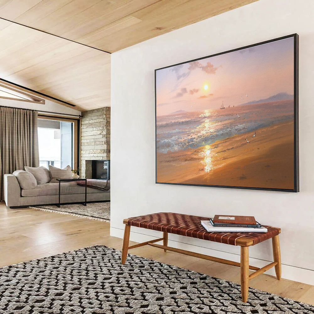 Beach Sunset with Birds and Boats Abstract Painting for Coastal Resort Lobbies YHT271