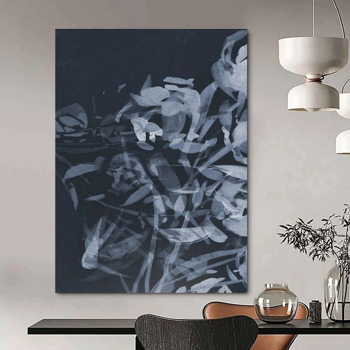 Elegant Monochromatic Floral Silhouette Abstract Painting for Sophisticated Spaces HENG240