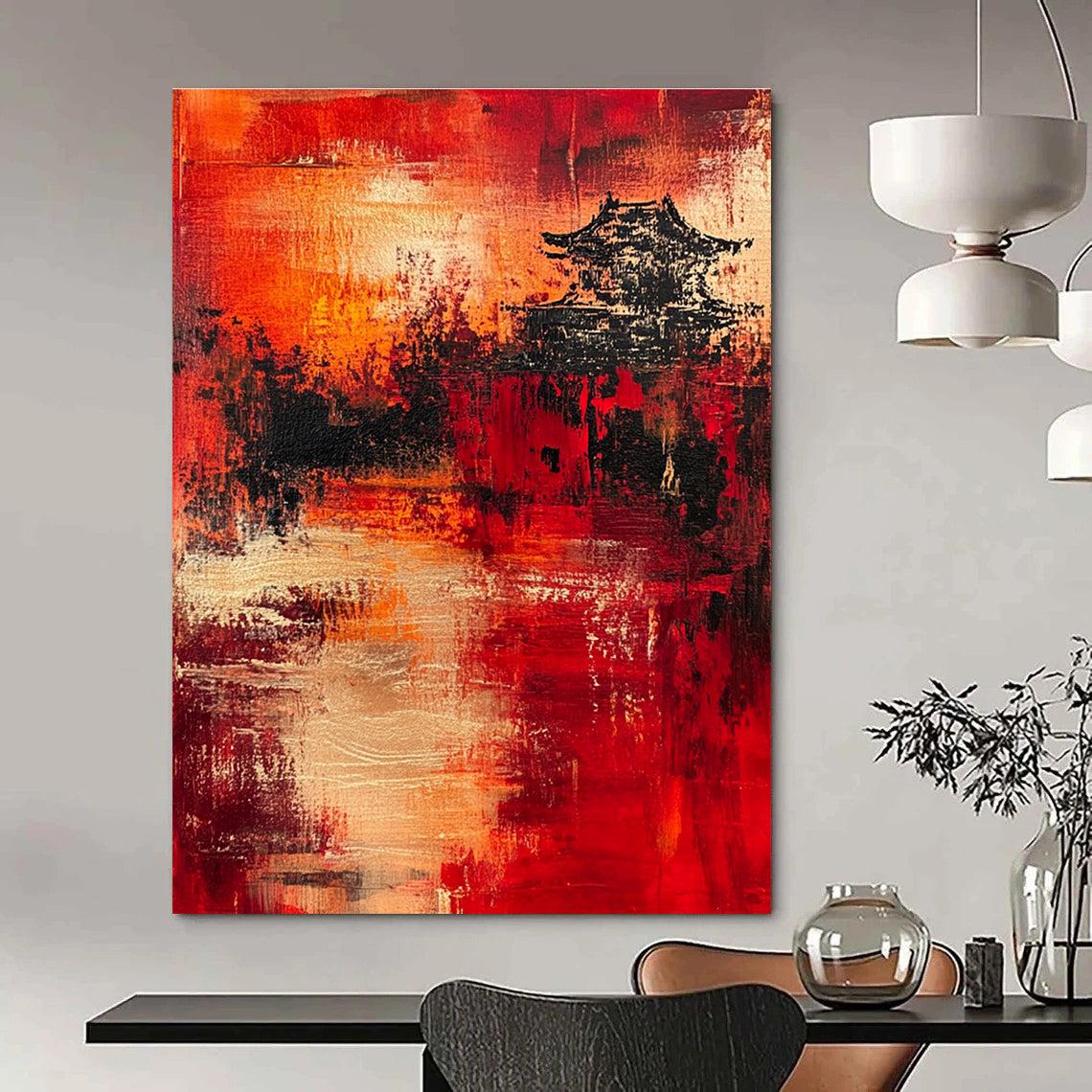 Cultural Red - Black Pagoda Abstract Painting: Heritage Meets Modern Art GAB0956