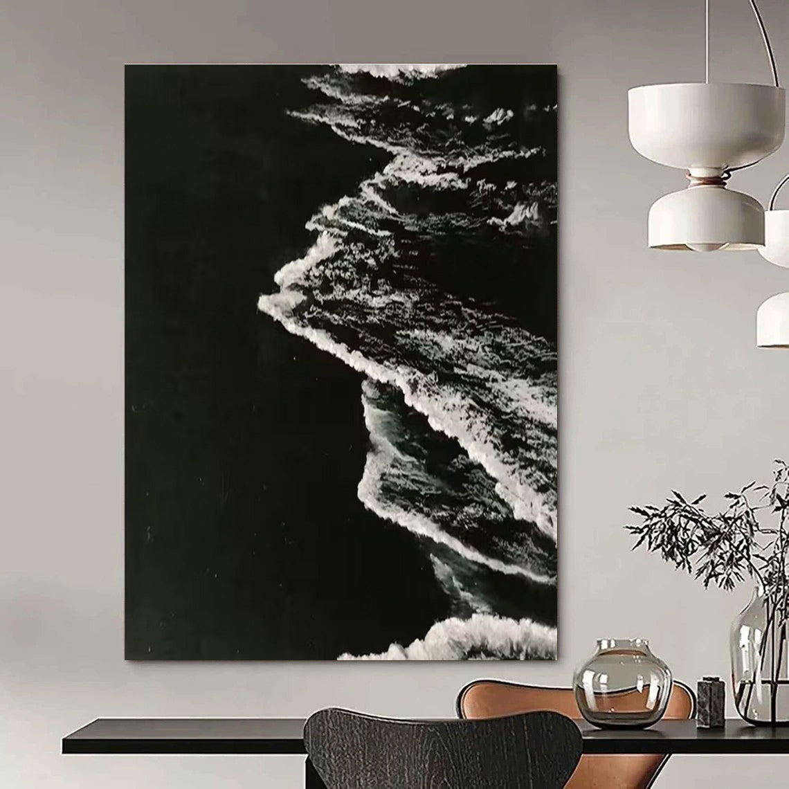Black and White Ocean Wave Abstract Painting for Monochrome - Themed Spaces HENG349