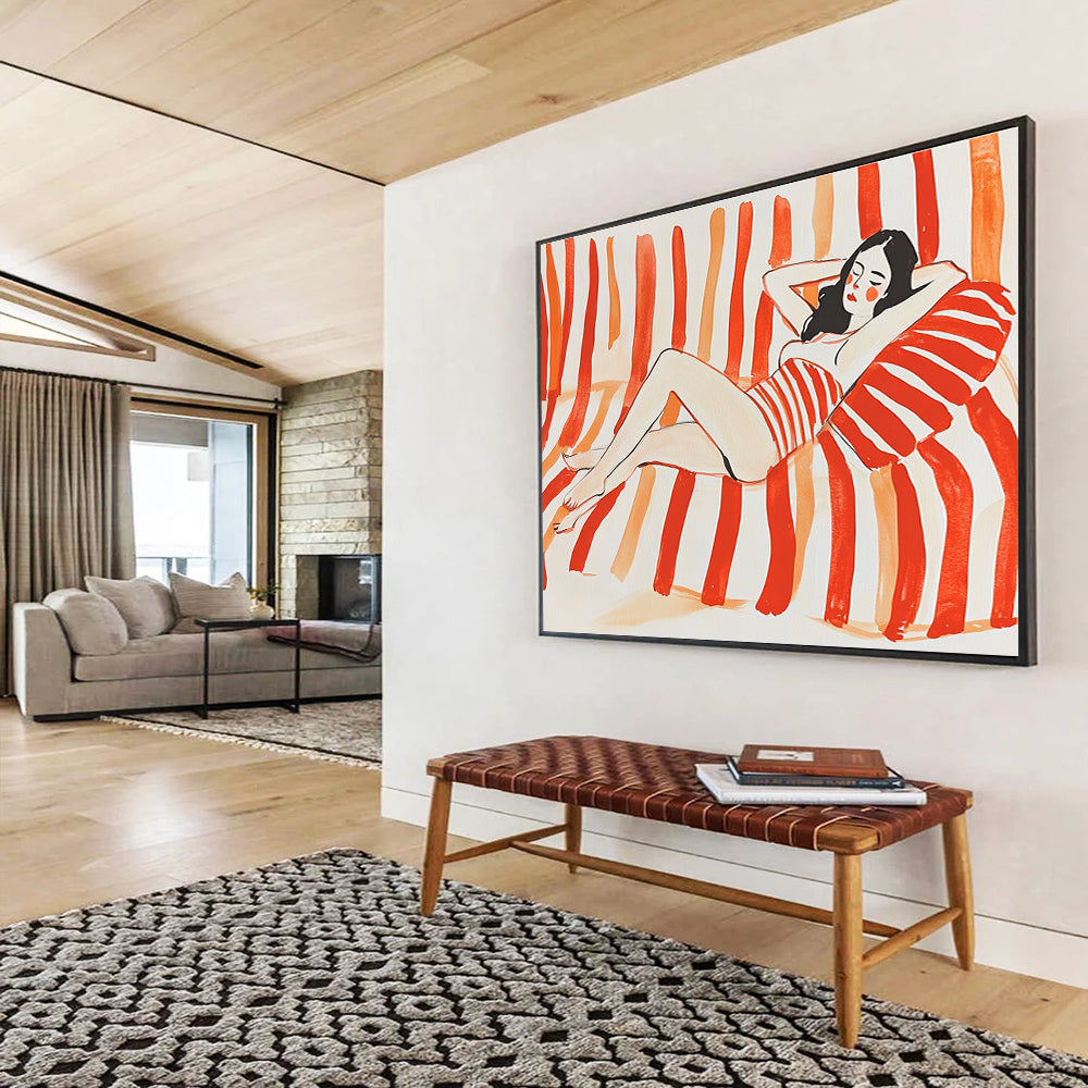Relaxed Woman on Stripes: Carefree Summer Vibes Abstract Painting ABS164