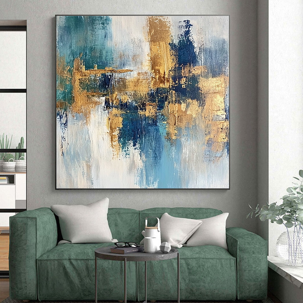 Blue Gold White Abstract Painting with Coastal Elegance WINK474