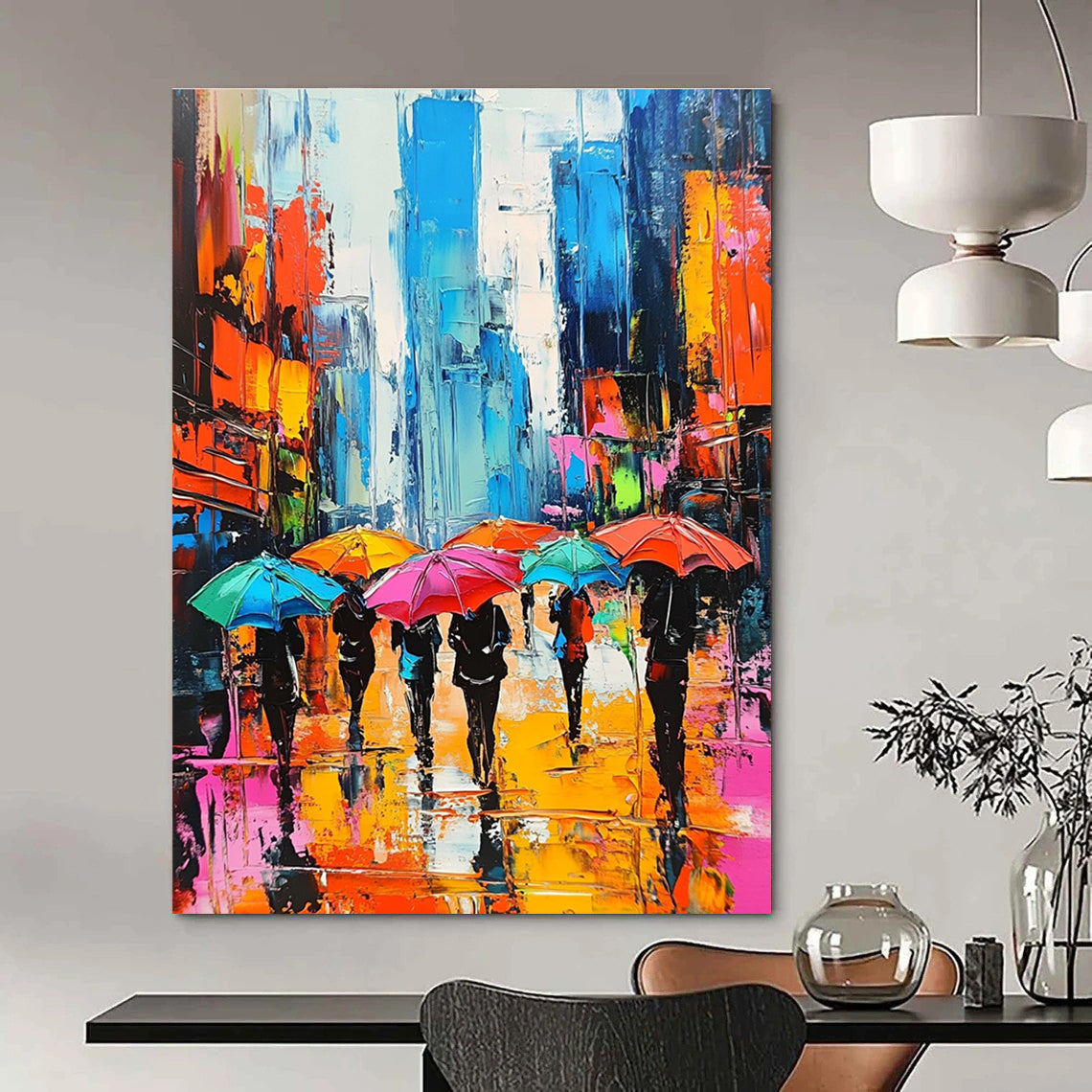 Colorful City Umbrella Scene Abstract Painting for Urban - Themed Restaurants GAB1266