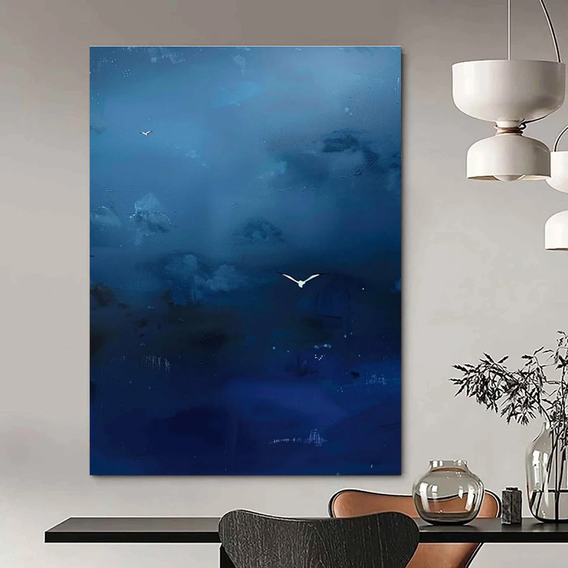 Blue Sky with White Birds Abstract Painting for Coastal Home Offices HENG507
