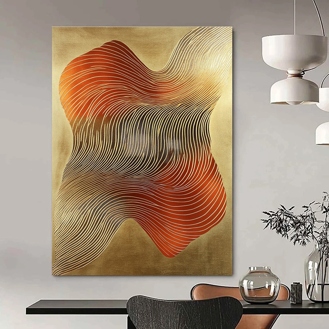 Gold and Red Waves Luxurious Abstract Painting for Upscale Interiors GAB1487
