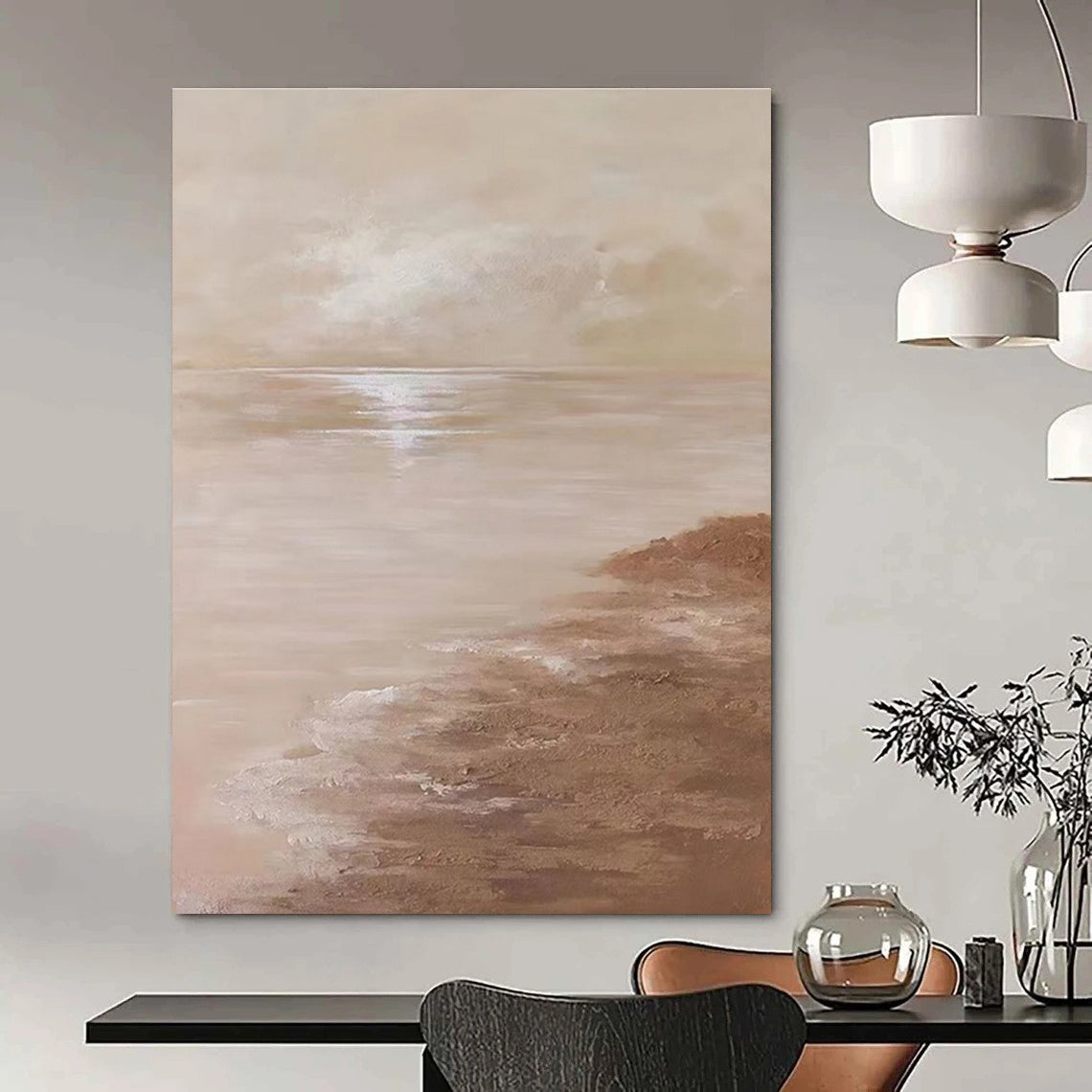 Serene Beige Seaside Landscape Abstract Painting for Coastal - Inspired Bedrooms HENG341