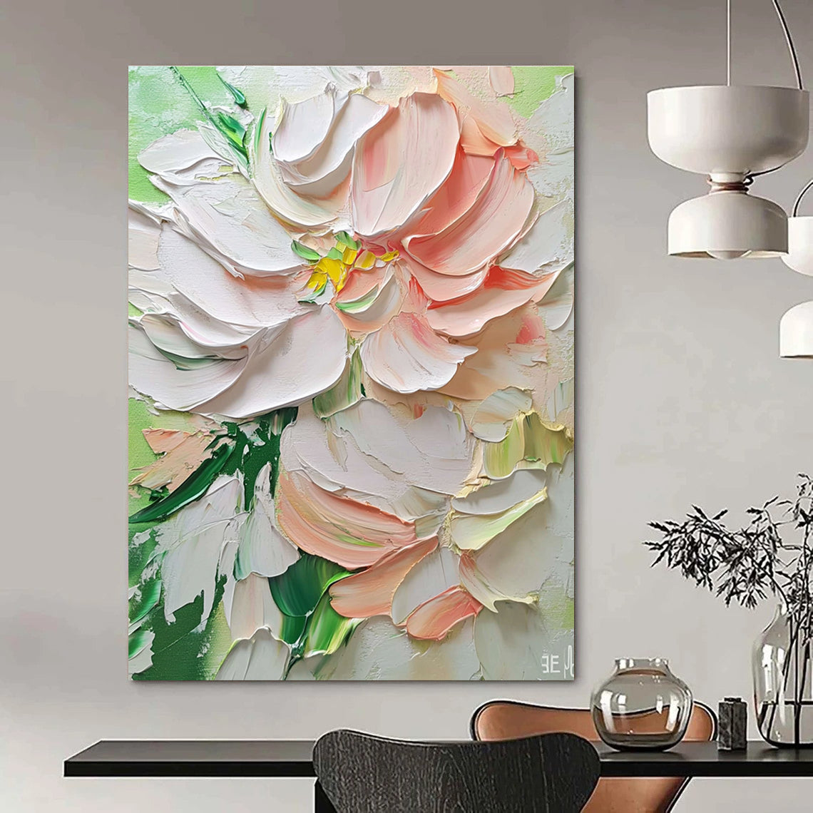 Textured White and Pink Flower Romantic Abstract Painting for Feminine Spaces GAB1446