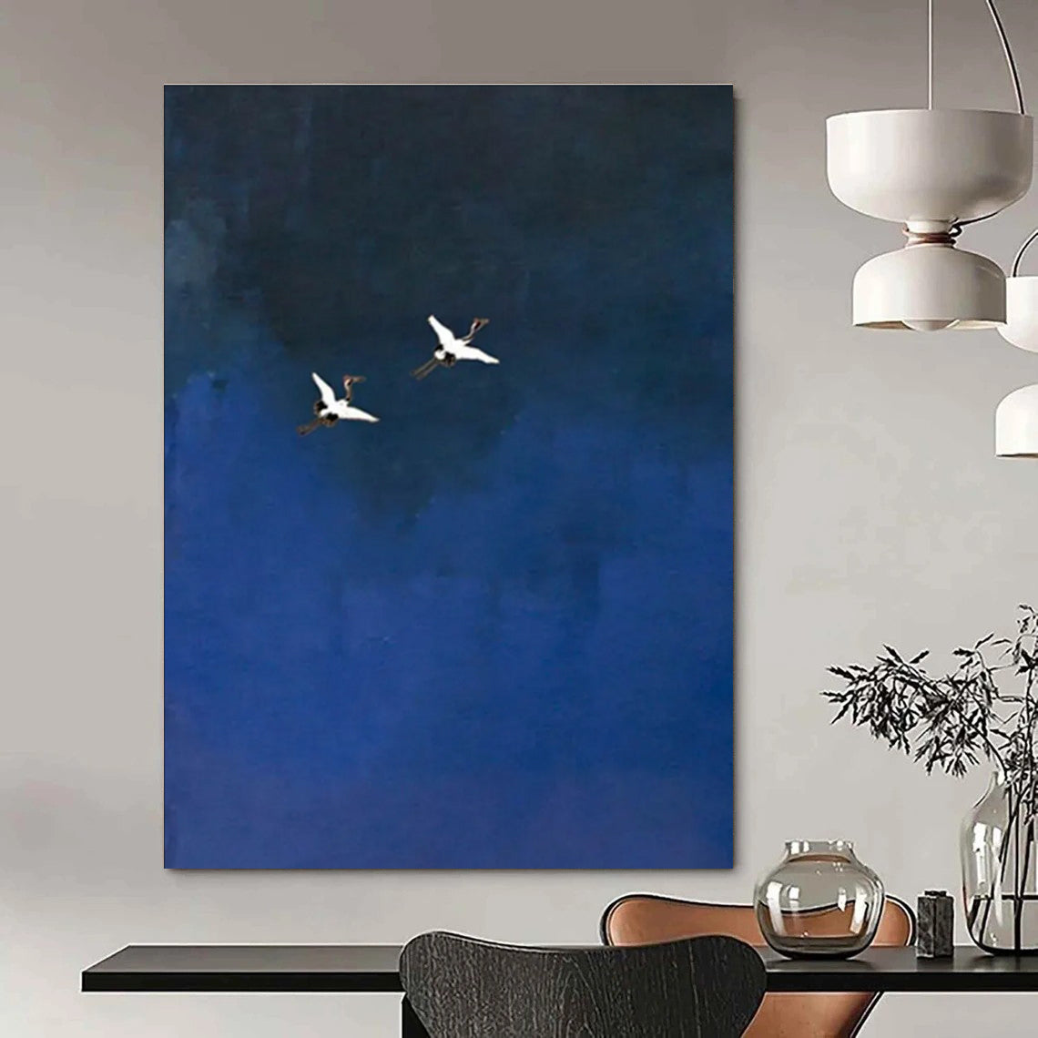 Two Cranes in Blue Sky Abstract Painting for Zen - Inspired Spaces HENG481