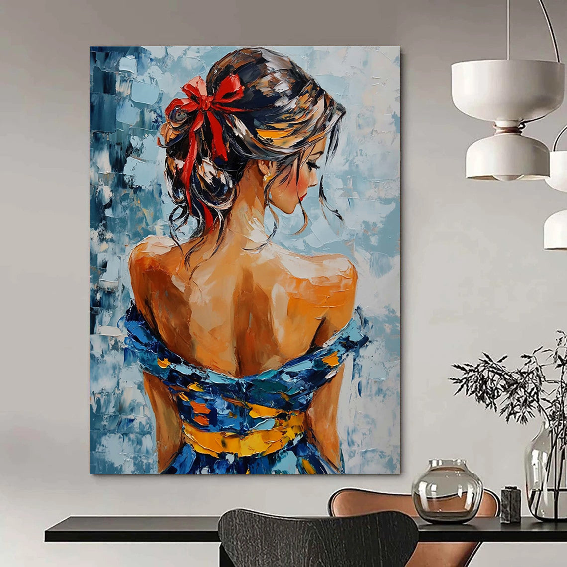 Woman with Red Bow Abstract Painting for Elegant Boutique Dressing Rooms GAB1295