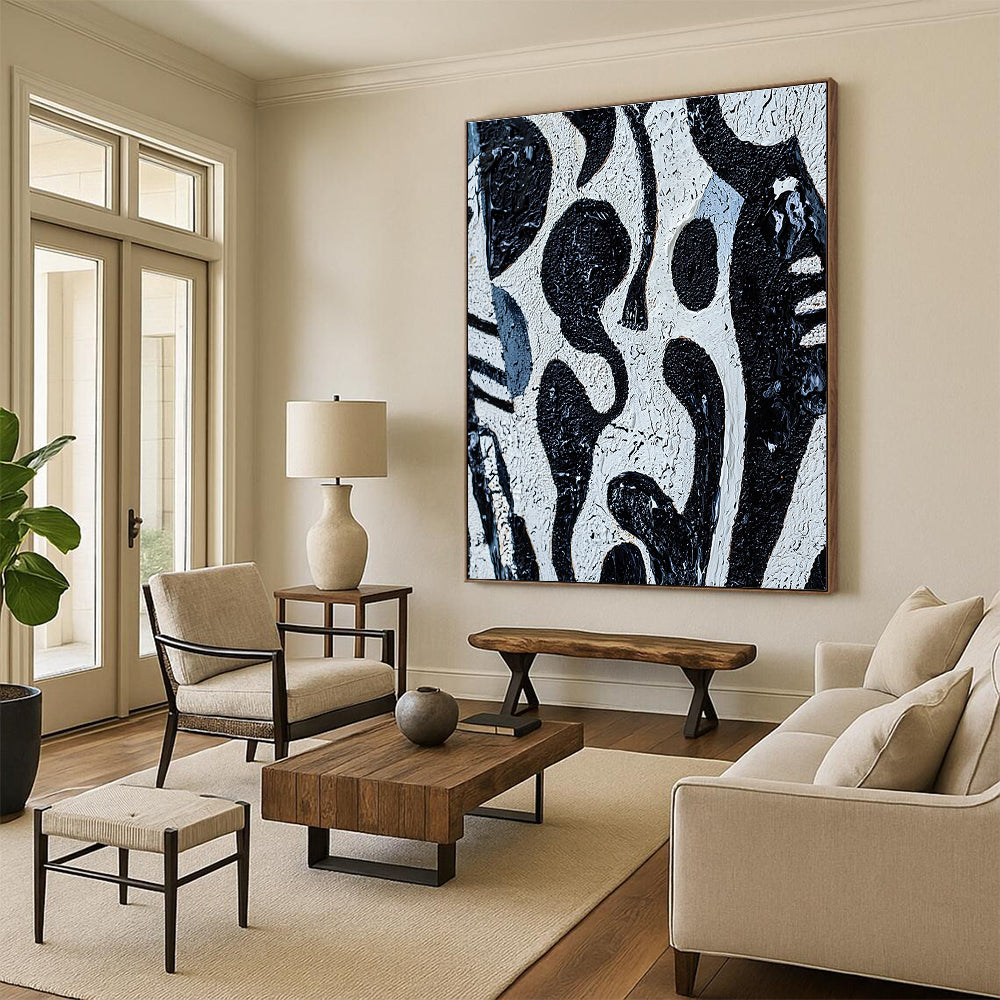 Black and White Textured Shapes Abstract Painting with Bold Contrast WINK050