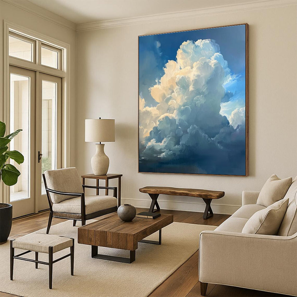 Fluffy Clouds Blue Sky Abstract Painting for Coastal Home Bedrooms HENG006