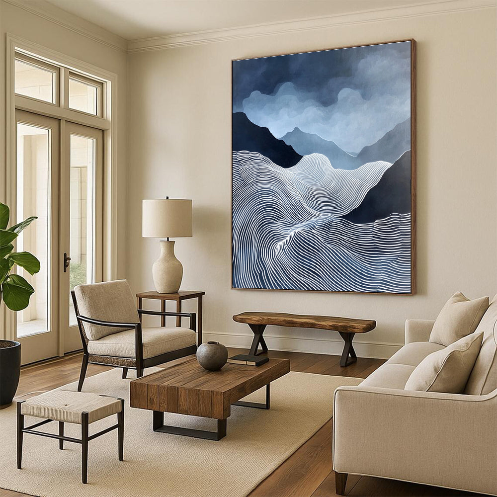 Blue and White Mountain Waves Serene Landscape Abstract Painting GAB0299