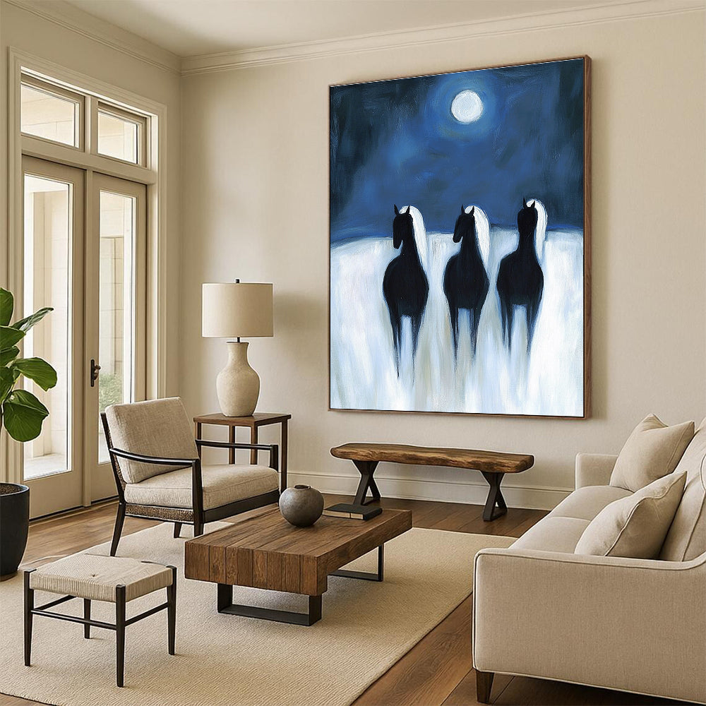 Horses Under Moon Serene Abstract Painting for Nature - Inspired Spaces GAB1490