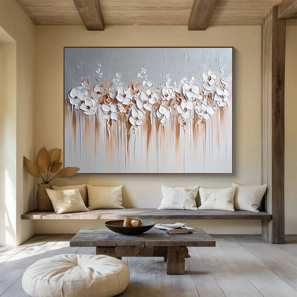 White Flowers and Brown Drips Abstract Painting with 3D Textural Beauty ABS452