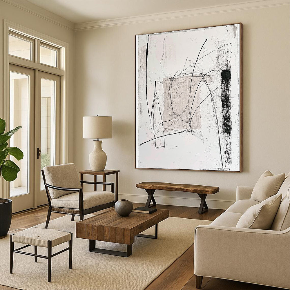 Black and White Linear Abstract Painting with Minimalist Rhythm WINK097