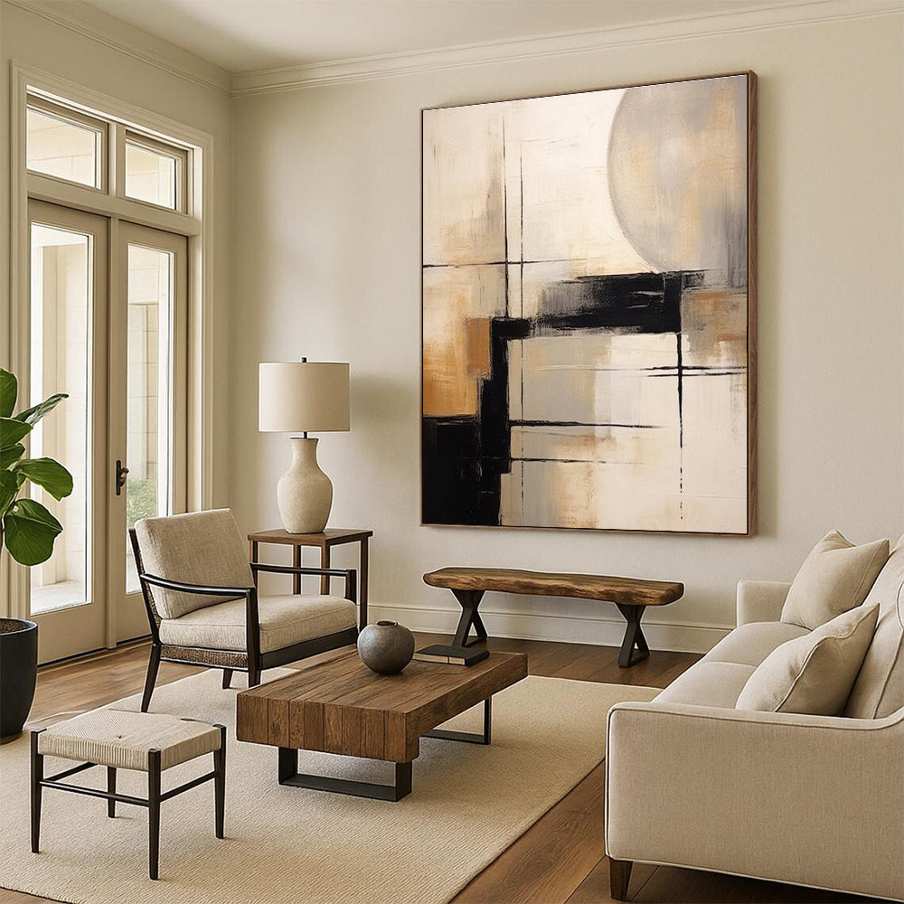 Geometric Abstract in Neutral Tones Abstract Painting for Sophisticated Dining Areas HENG356