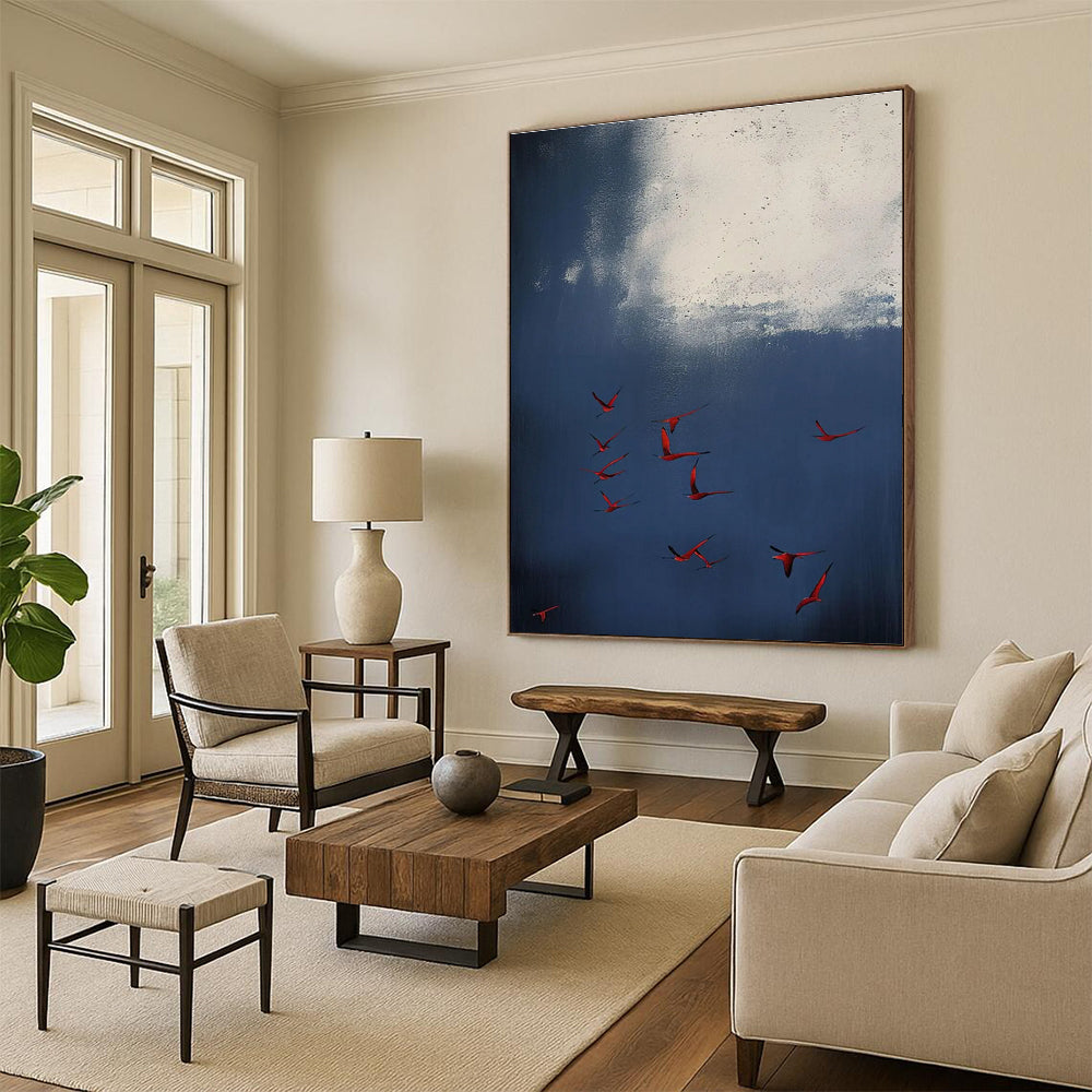 Red Birds in Blue Sky Abstract Painting for Nature - Inspired Living Rooms HENG500