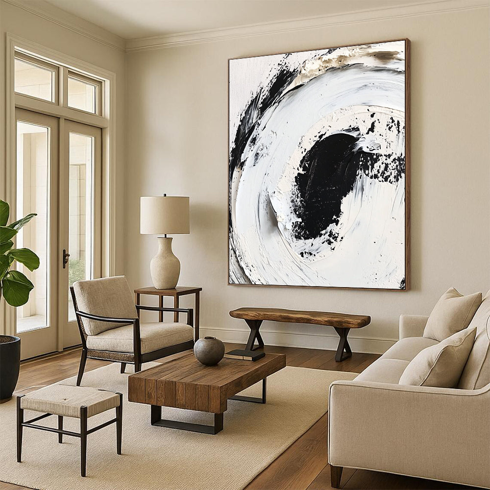 Black White Textured Abstract Painting with Minimalist Depth WINK507