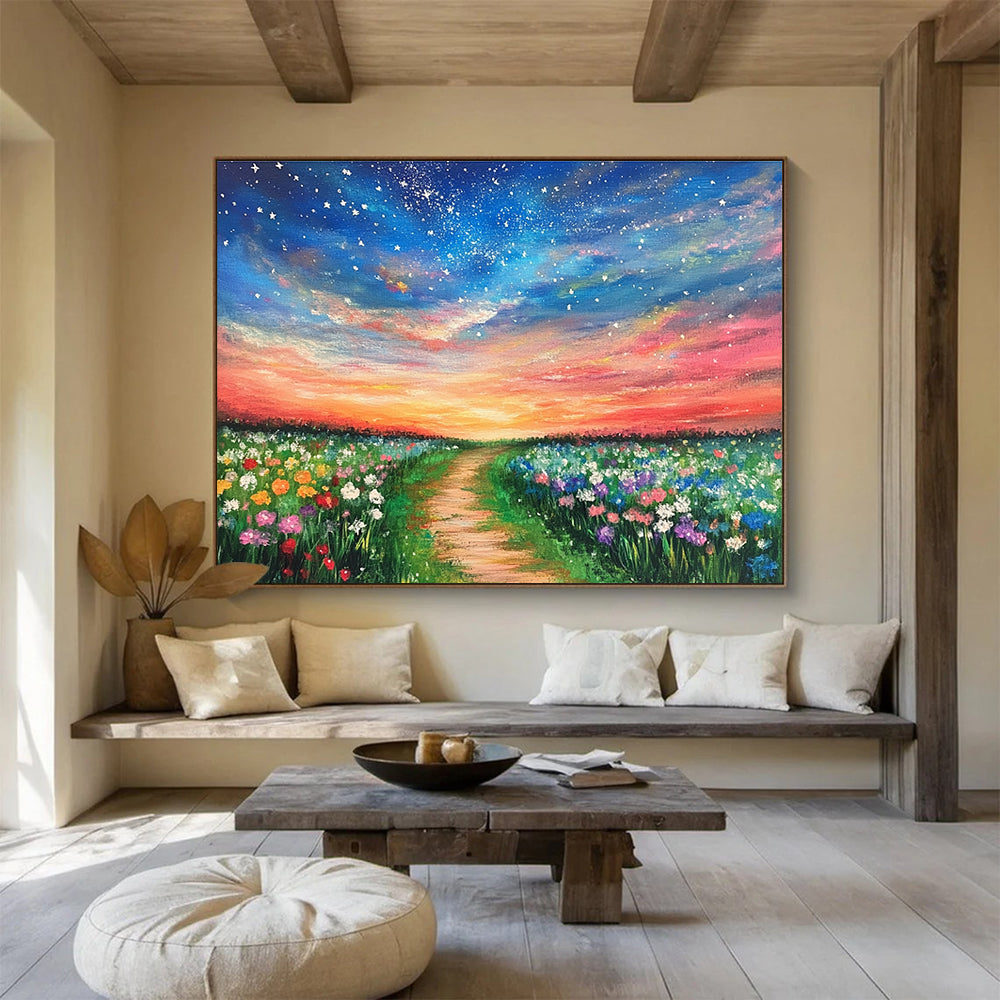 Enchanted Flower Field Path Painting with Vibrant Whimsical Charm ABS555