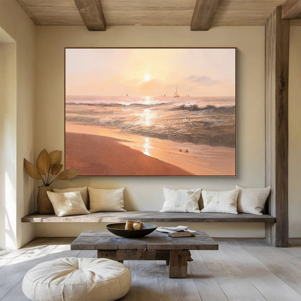 Beach Sunset with Birds Abstract Painting for Coastal Resort Lobbies YHT266
