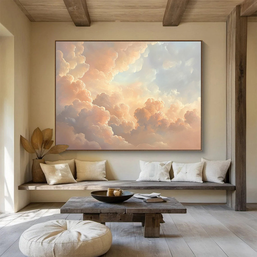 Fluffy Cloudscape in Peach Painting with Dreamy Serene Ambiance ABS564