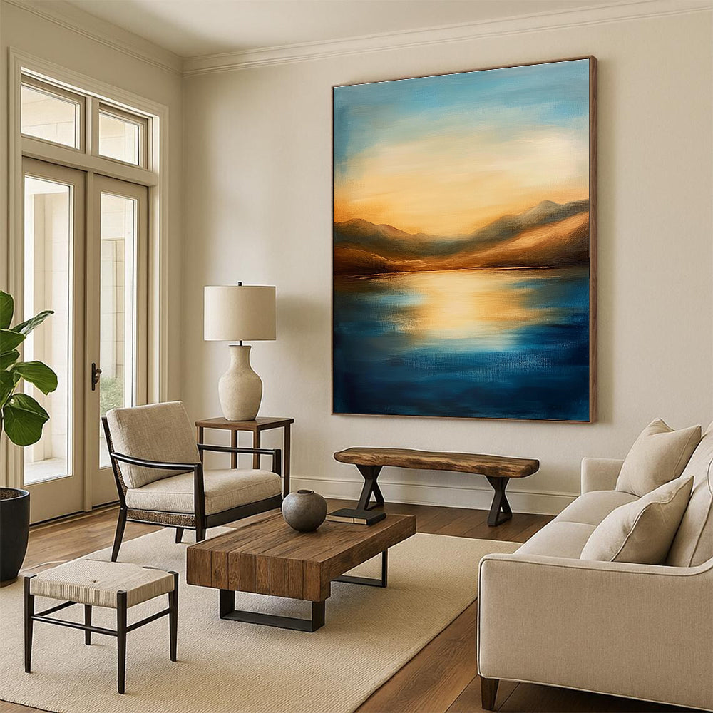 Golden Lake and Mountains - Majestic Landscape Abstract Art GAB0528