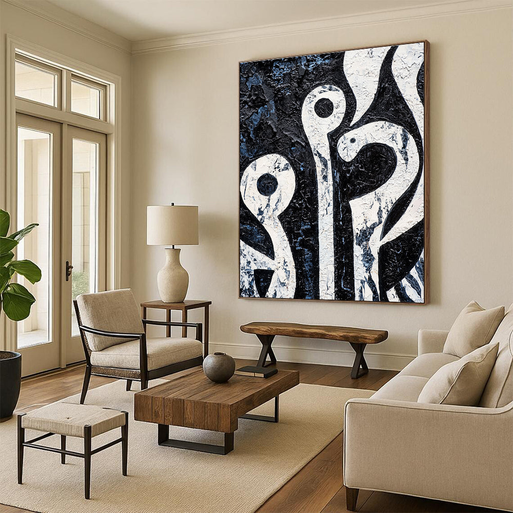 Black and White Organic Shapes Abstract Painting with Textured Surfaces GAB0056