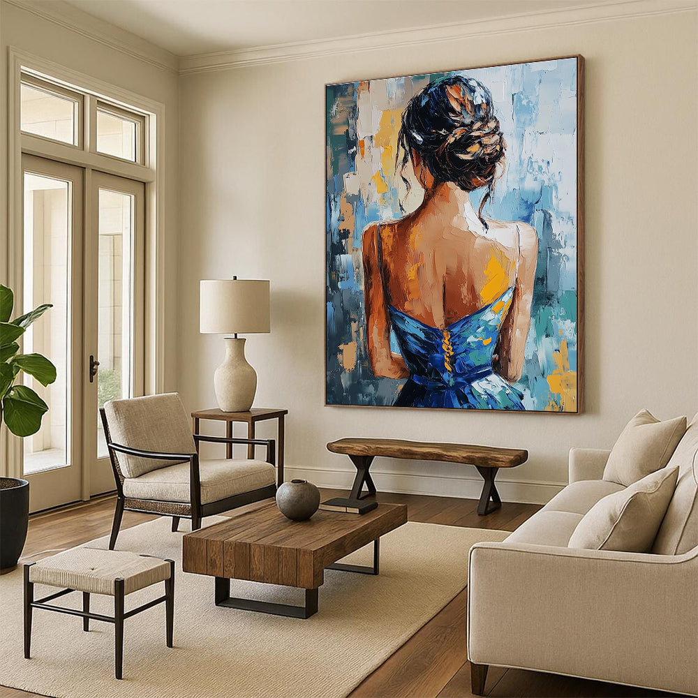 Woman in Blue Dress Abstract Painting for Elegant Dining Rooms GAB1282