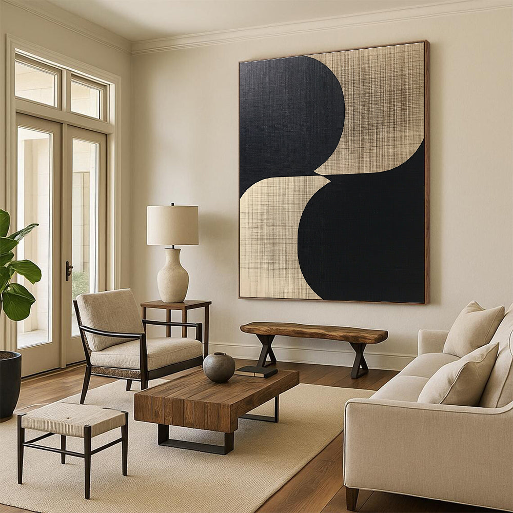 Circular Beige and Black Abstract Painting with Subtle Textures WINK839