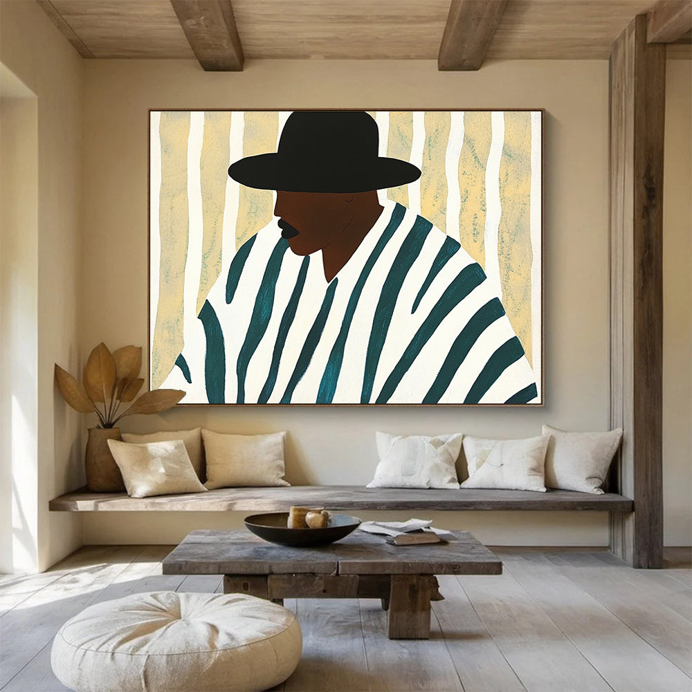 Stylized Figure in Stripes Painting with Modern Graphic Appeal ABS557