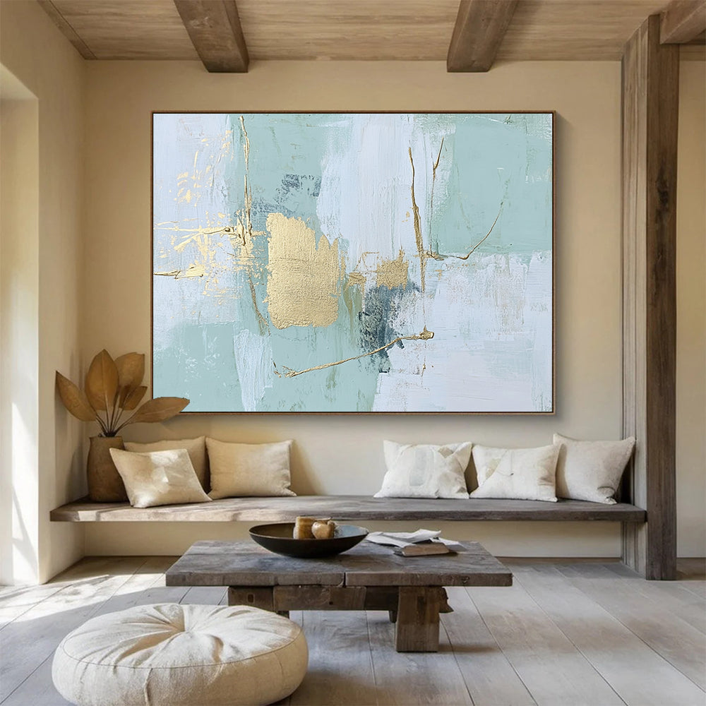 Mint - Gold Abstract Strokes Painting with Subtle, Elegant Accents ABS484