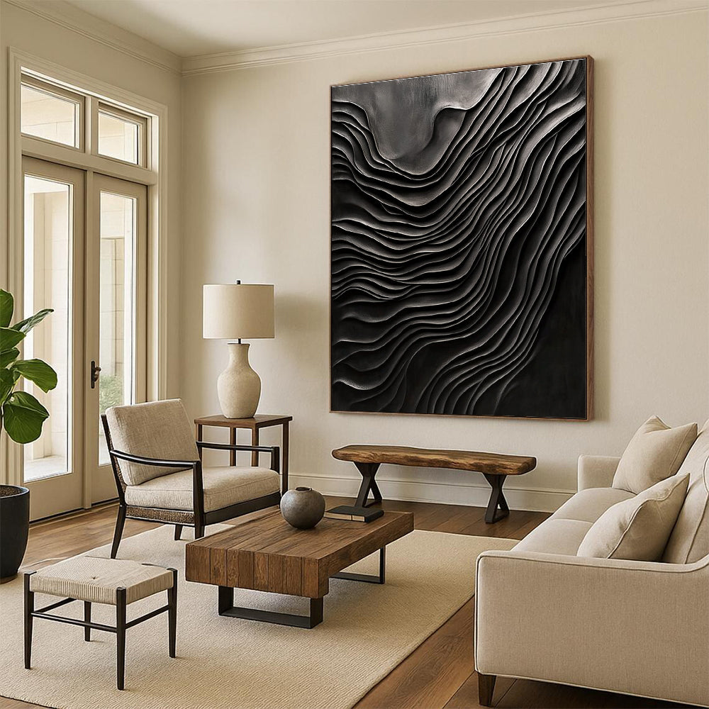 Black Wavy Textures Abstract Painting for Industrial - Chic Art Galleries GAB1328