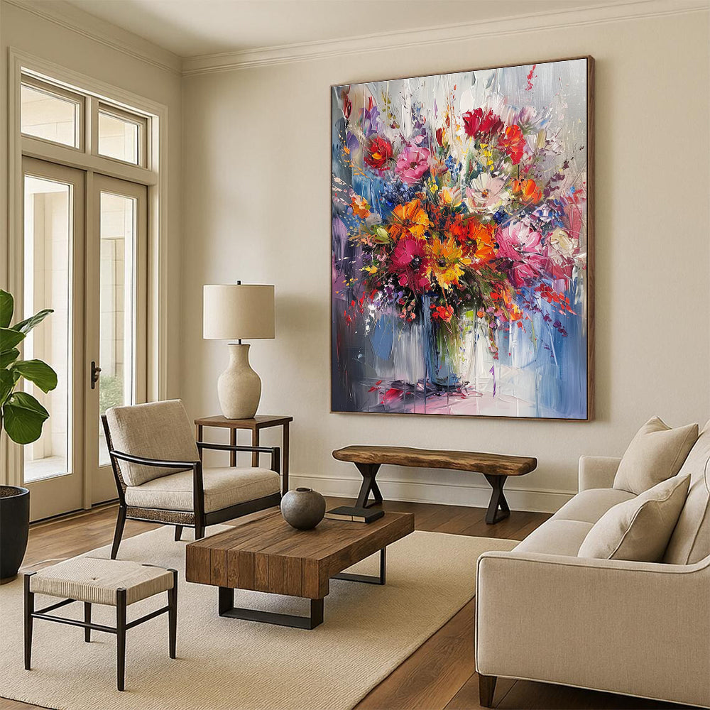 Impasto - Style Vibrant Flower Bouquet Abstract Painting for Lively Spaces HENG260
