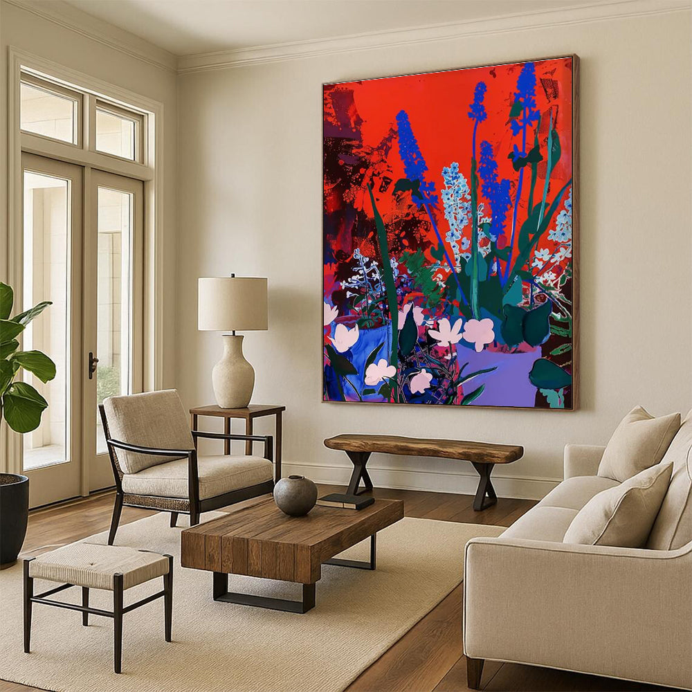 Blue Flowers on Red Abstract Painting for Bold Home Interiors HENG100