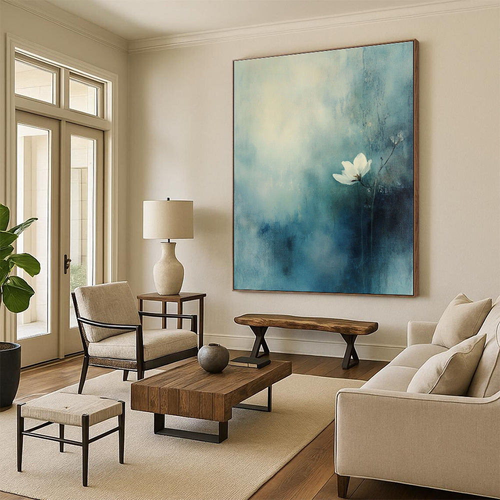 Solitary White Flower Abstract Painting for Serene Bedrooms GAB1101