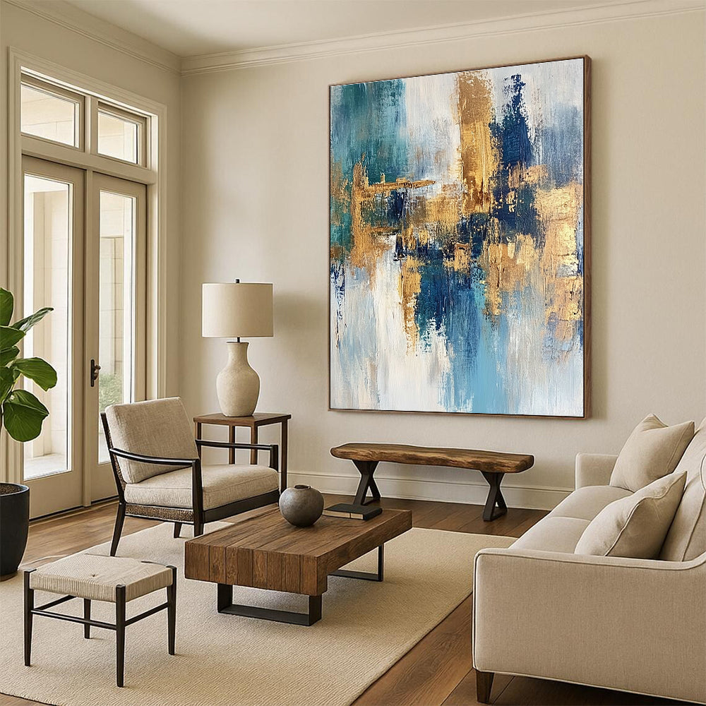 Blue Gold White Abstract Painting with Coastal Elegance WINK474