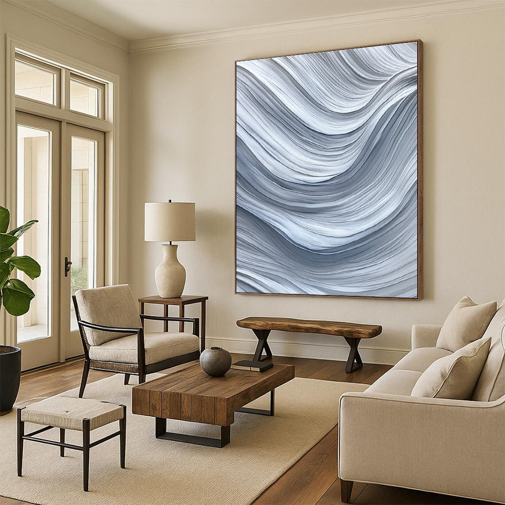 Gray and White Waves Abstract Painting with Monochromatic Flow WINK075