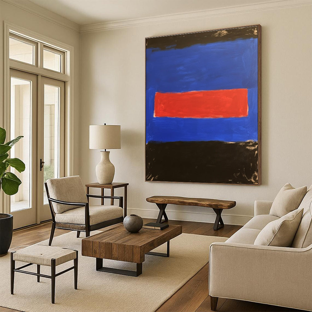 Blue with Red and Black Bands Abstract Painting with Bold Color Blocking WINK028