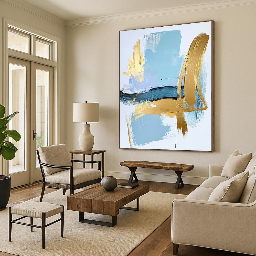 Minimalist Blue Gold Abstract Painting with Elegant Simplicity WINK582