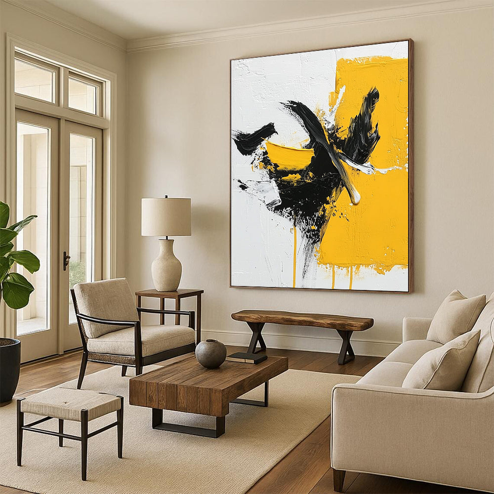Bold Yellow and Black Abstract Painting for Modern - Styled Offices GAB1014