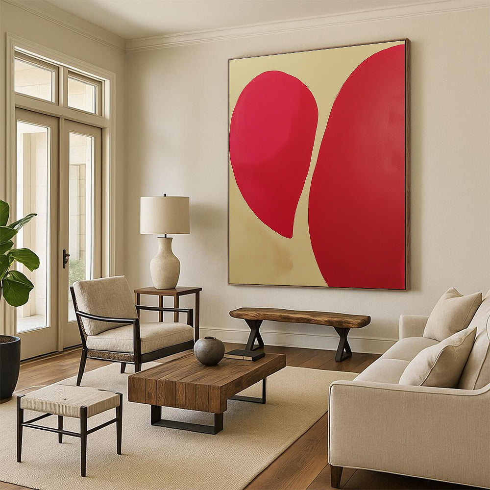 Geometric Red Shapes Abstract Painting on Beige GAB0674