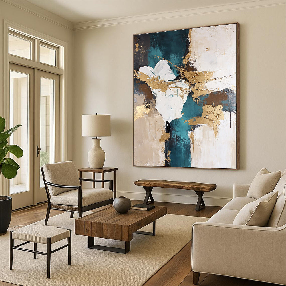 Teal - Gold - White Abstract Painting with Artistic Flair WINK447