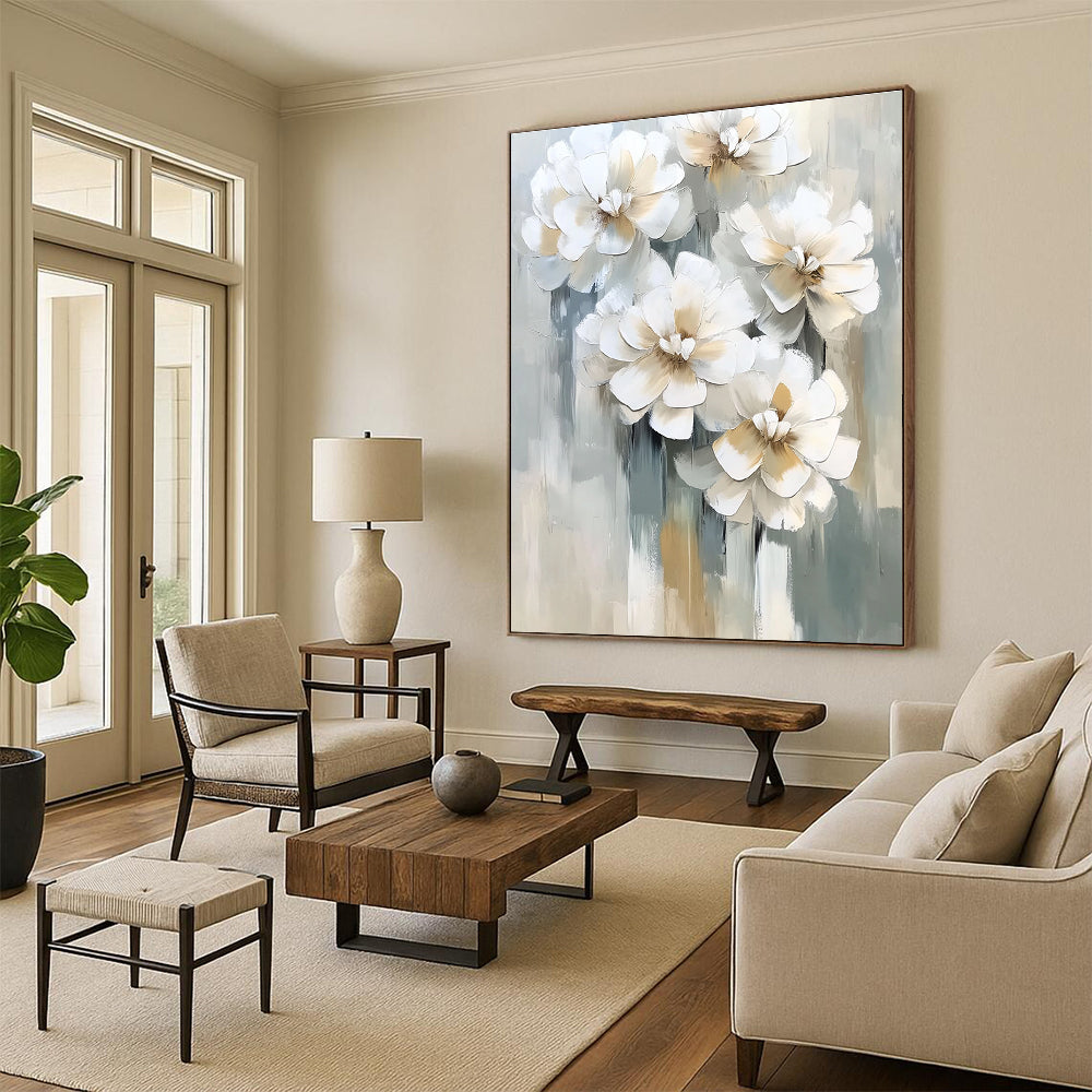 3D White Flowers Contemporary Abstract Painting for Elegant Spaces GAB1523