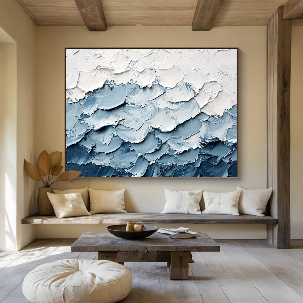 Textured Blue and White Waves with Thick Impasto Abstract Painting ABS364
